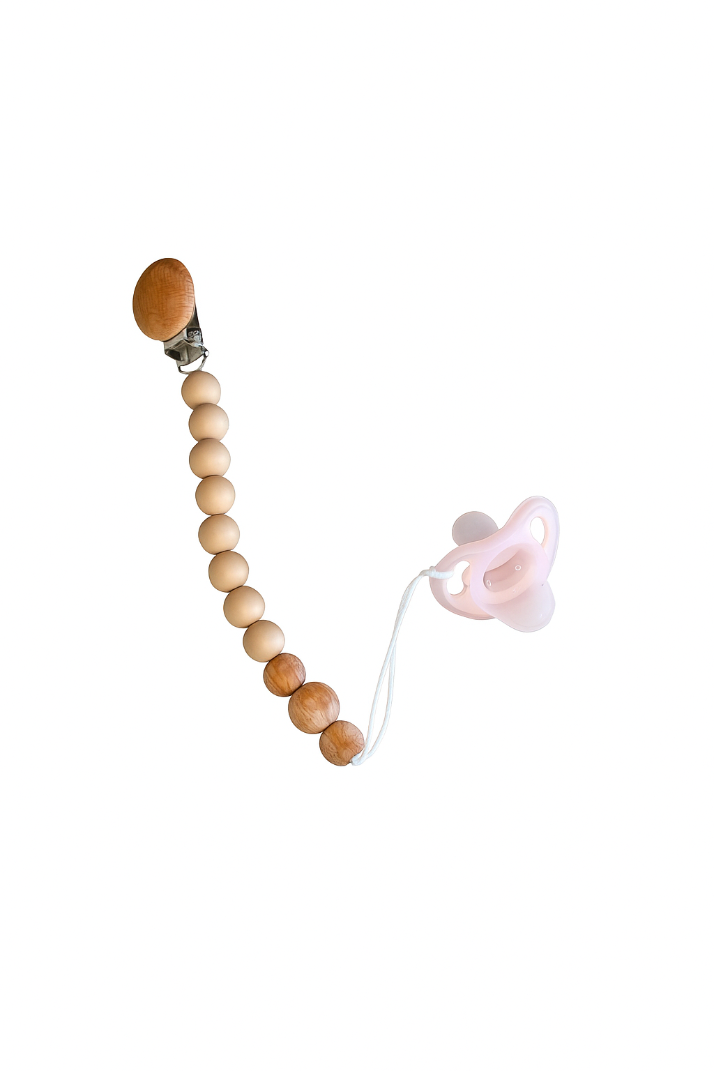 🍼 Beaded Binky Clip – Natural Wood | Cadena de Chupón con Cuentas